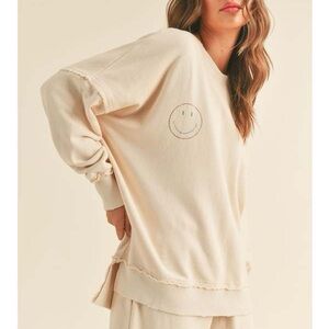 MIOU MUSE. Hadley Smile Terry  Sweatshirt. Frayed Edges Style. Relaxed Fit. Sz S